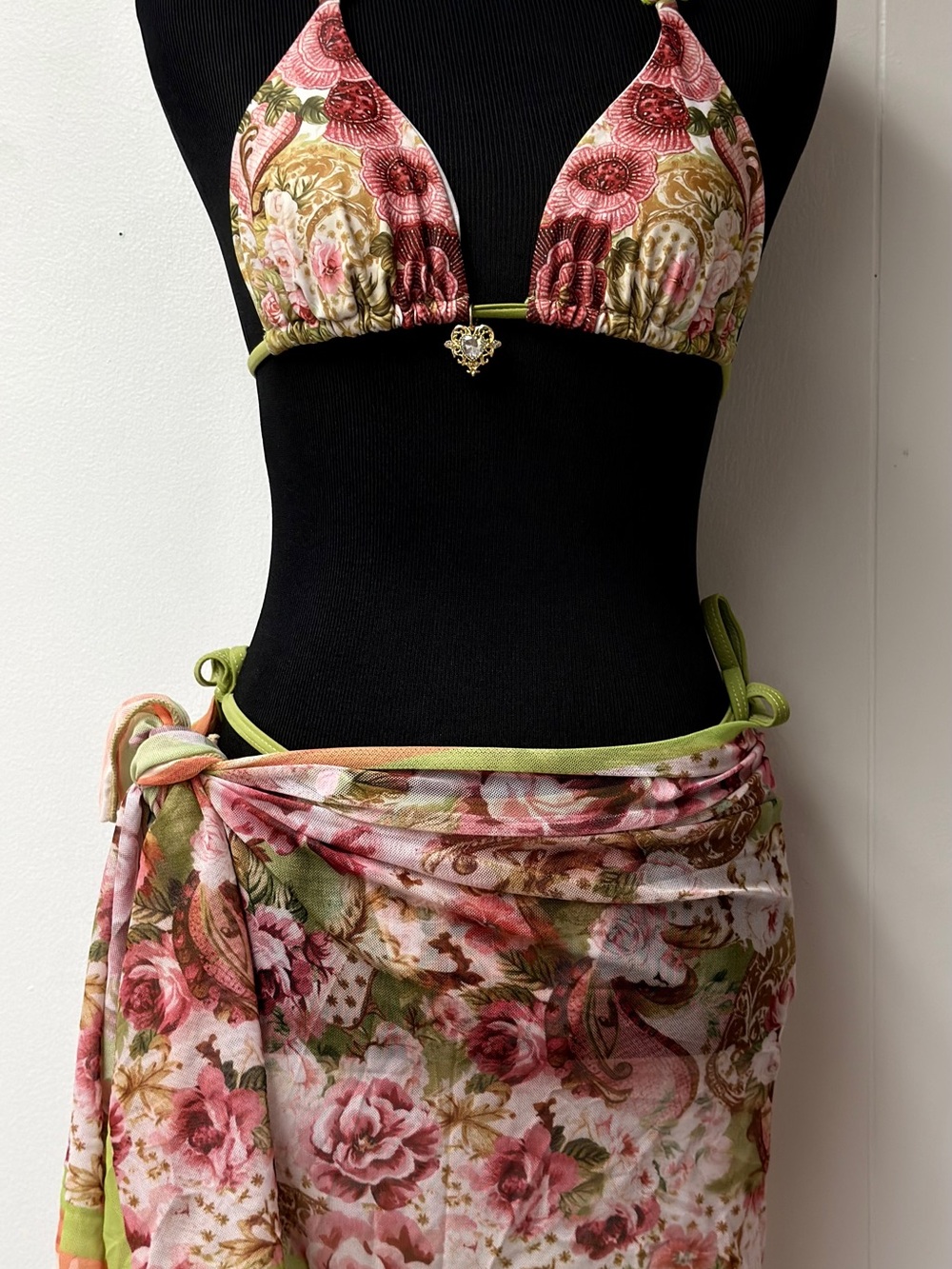 Floral Pink & Green Triangle Bikini Set with Sarong
